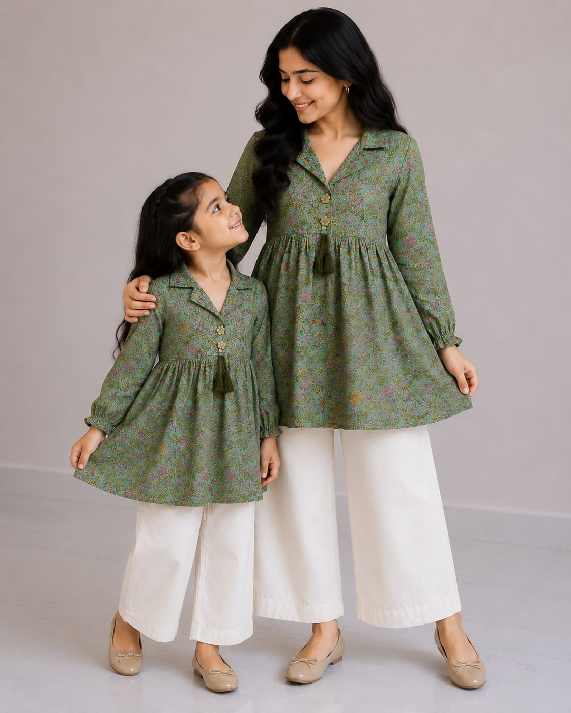 Mom & Daughter Sage Green Floral Printed Cotton Top & Ivory Trouser Matching Co-ord Set