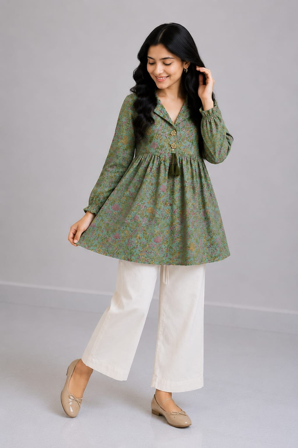 Women's Sage Green Floral Printed Cotton Top & Ivory Cotton Trouser Co-ord Set