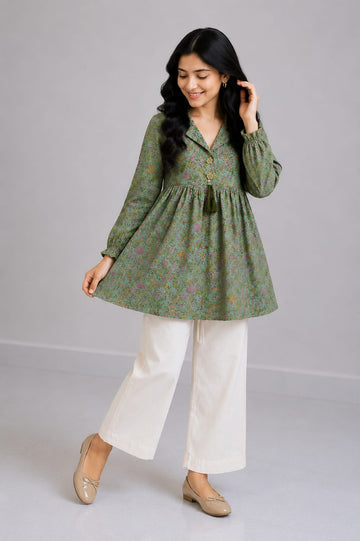 Women's Sage Green Floral Printed Cotton Top & Ivory Cotton Trouser Co-ord Set