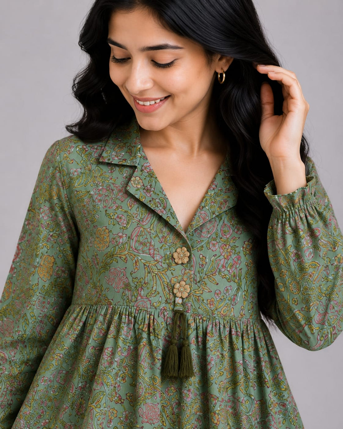 Women's Sage Green Floral Printed Cotton Top & Ivory Cotton Trouser Co-ord Set