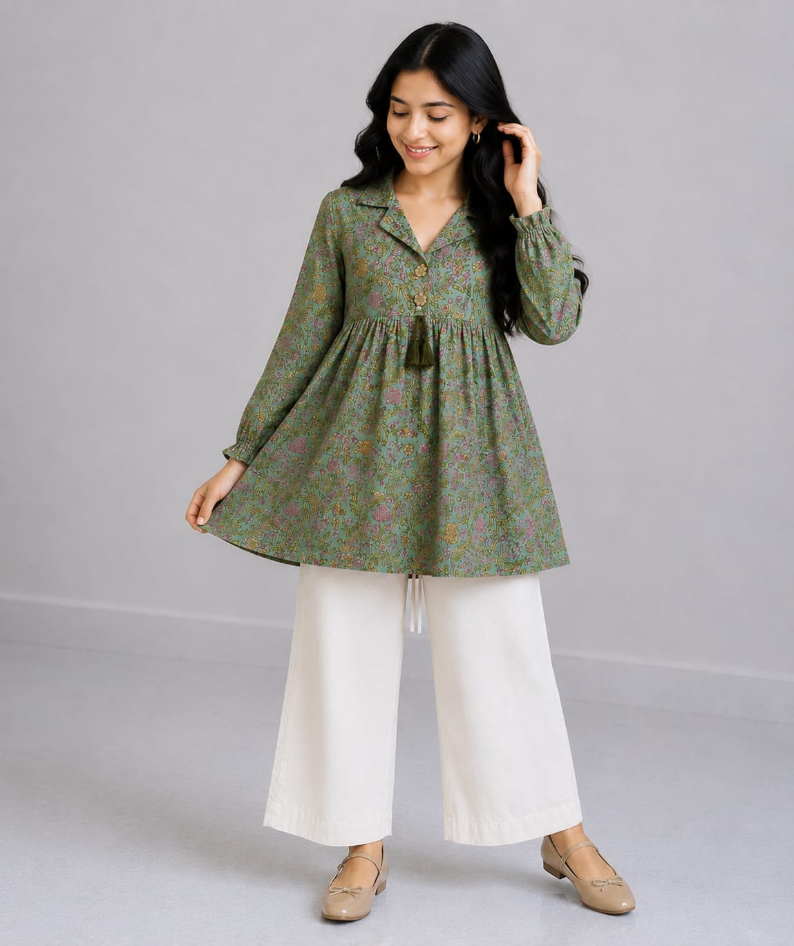 Women's Sage Green Floral Printed Cotton Top & Ivory Cotton Trouser Co-ord Set