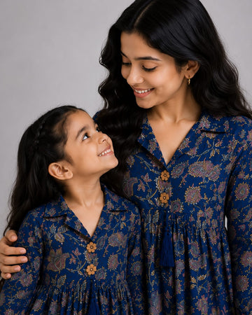 Mom & Daughter Navy Blue Floral Printed Cotton Top & Ivory Trouser Matching Co-ord Set