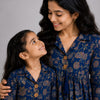 Mom & Daughter Navy Blue Floral Printed Cotton Top & Ivory Trouser Matching Co-ord Set