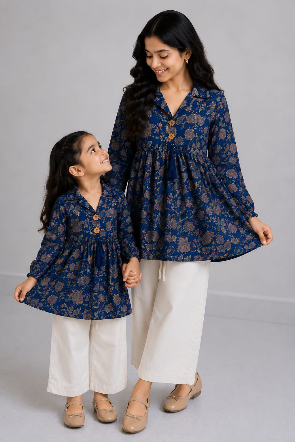 Mom & Daughter Navy Blue Floral Printed Cotton Top & Ivory Trouser Matching Co-ord Set