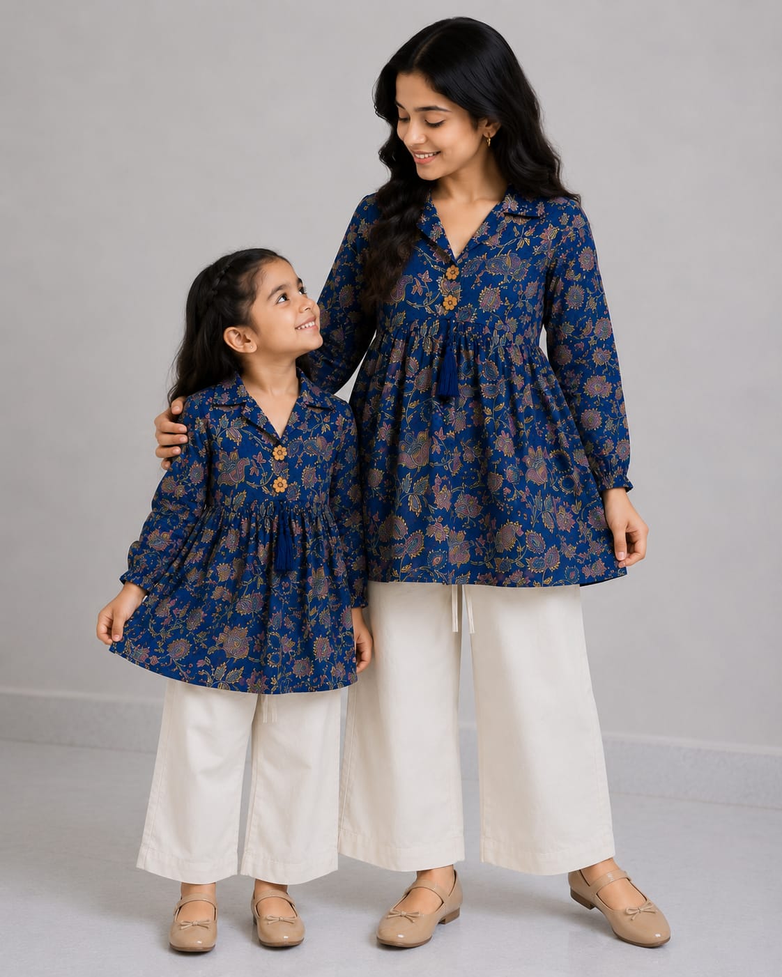 Mom & Daughter Navy Blue Floral Printed Cotton Top & Ivory Trouser Matching Co-ord Set