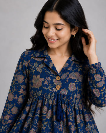 Women's Navy Blue Floral Printed Cotton Top & Ivory Cotton Trouser Co-ord Set