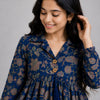 Women's Navy Blue Floral Printed Cotton Top & Ivory Cotton Trouser Co-ord Set