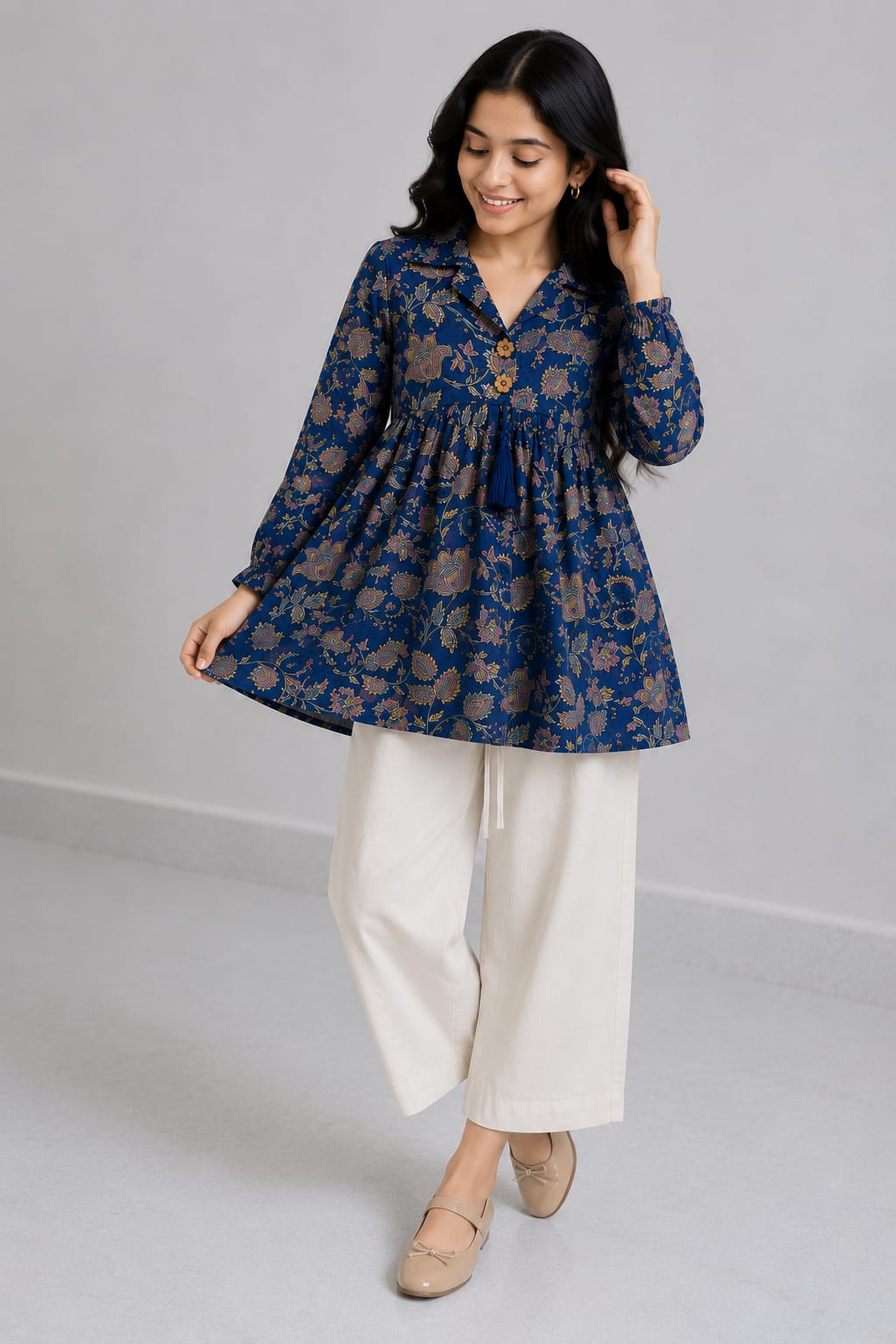 Women's Navy Blue Floral Printed Cotton Top & Ivory Cotton Trouser Co-ord Set