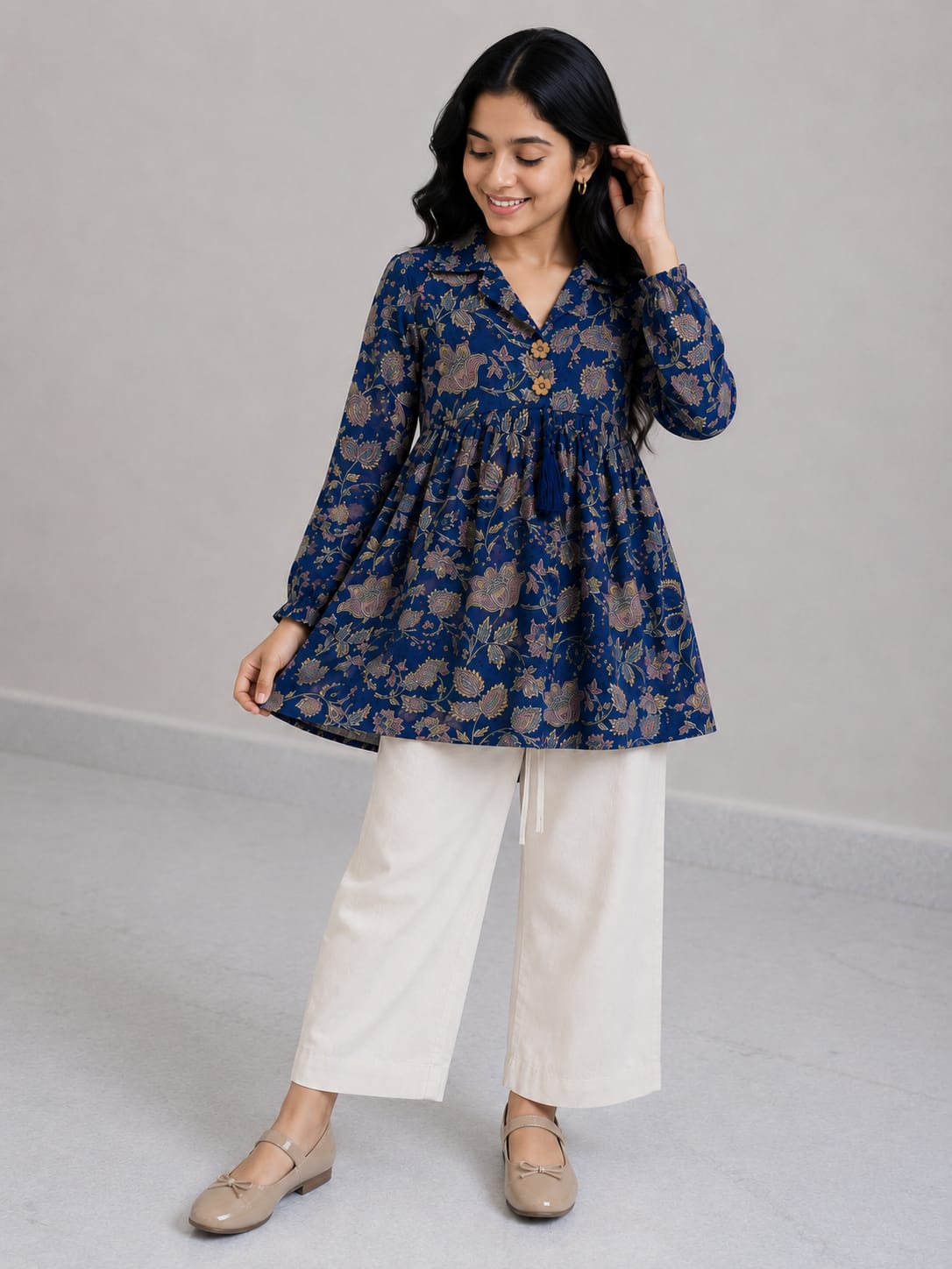 Women's Navy Blue Floral Printed Cotton Top & Ivory Cotton Trouser Co-ord Set