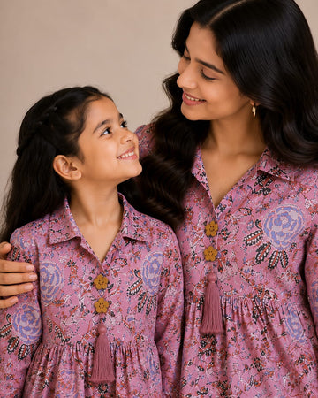 Mom & Daughter Dusty Pink Floral Printed Cotton Top & Ivory Trouser Matching Co-ord Set