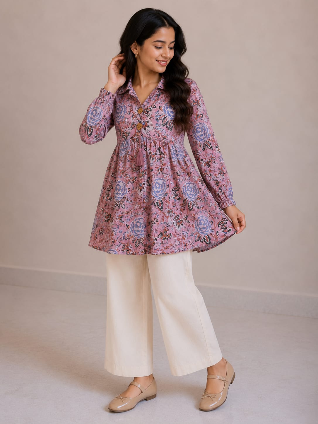 Women's Blush Pink Floral Printed Cotton Top & Ivory Cotton Trouser Co-ord Set