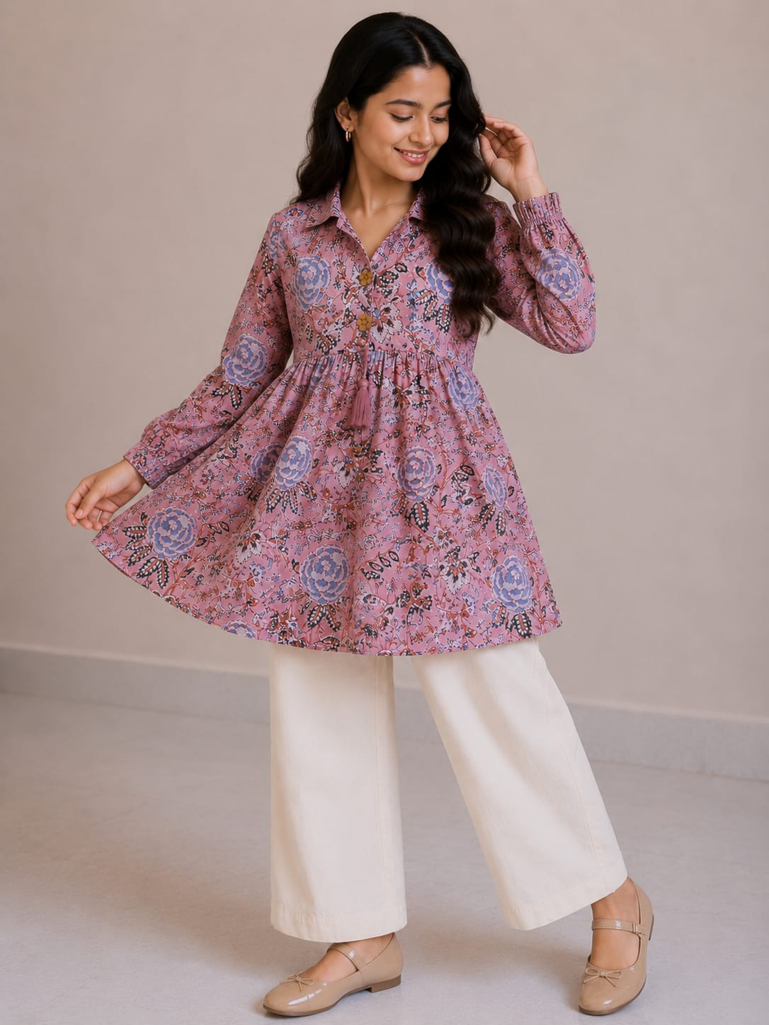 Women's Blush Pink Floral Printed Cotton Top & Ivory Cotton Trouser Co-ord Set