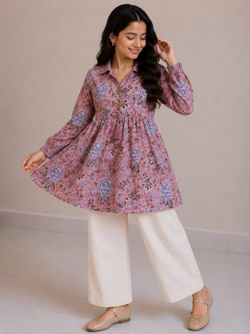 Women's Blush Pink Floral Printed Cotton Top & Ivory Cotton Trouser Co-ord Set