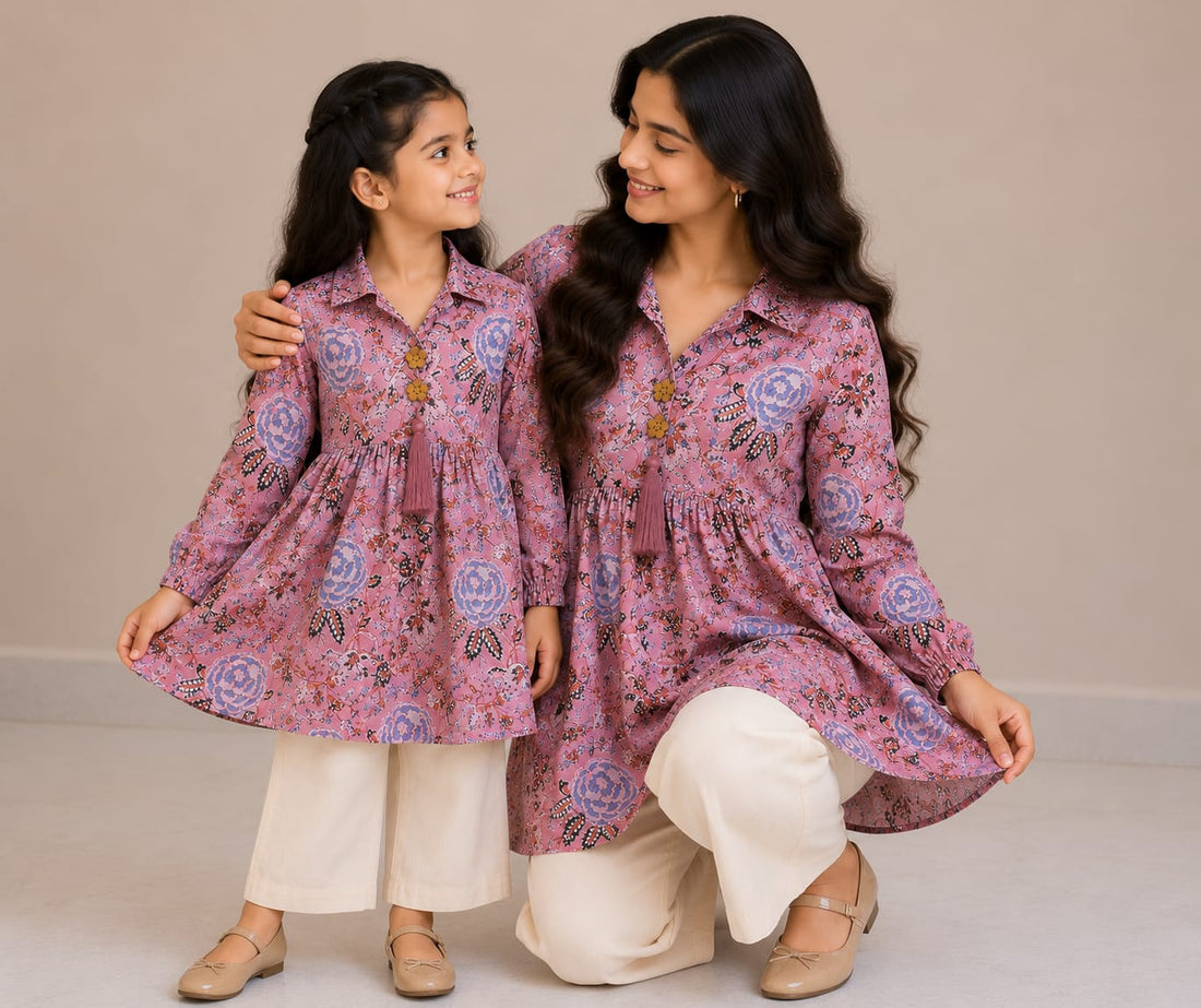 Mom & Daughter Dusty Pink Floral Printed Cotton Top & Ivory Trouser Matching Co-ord Set