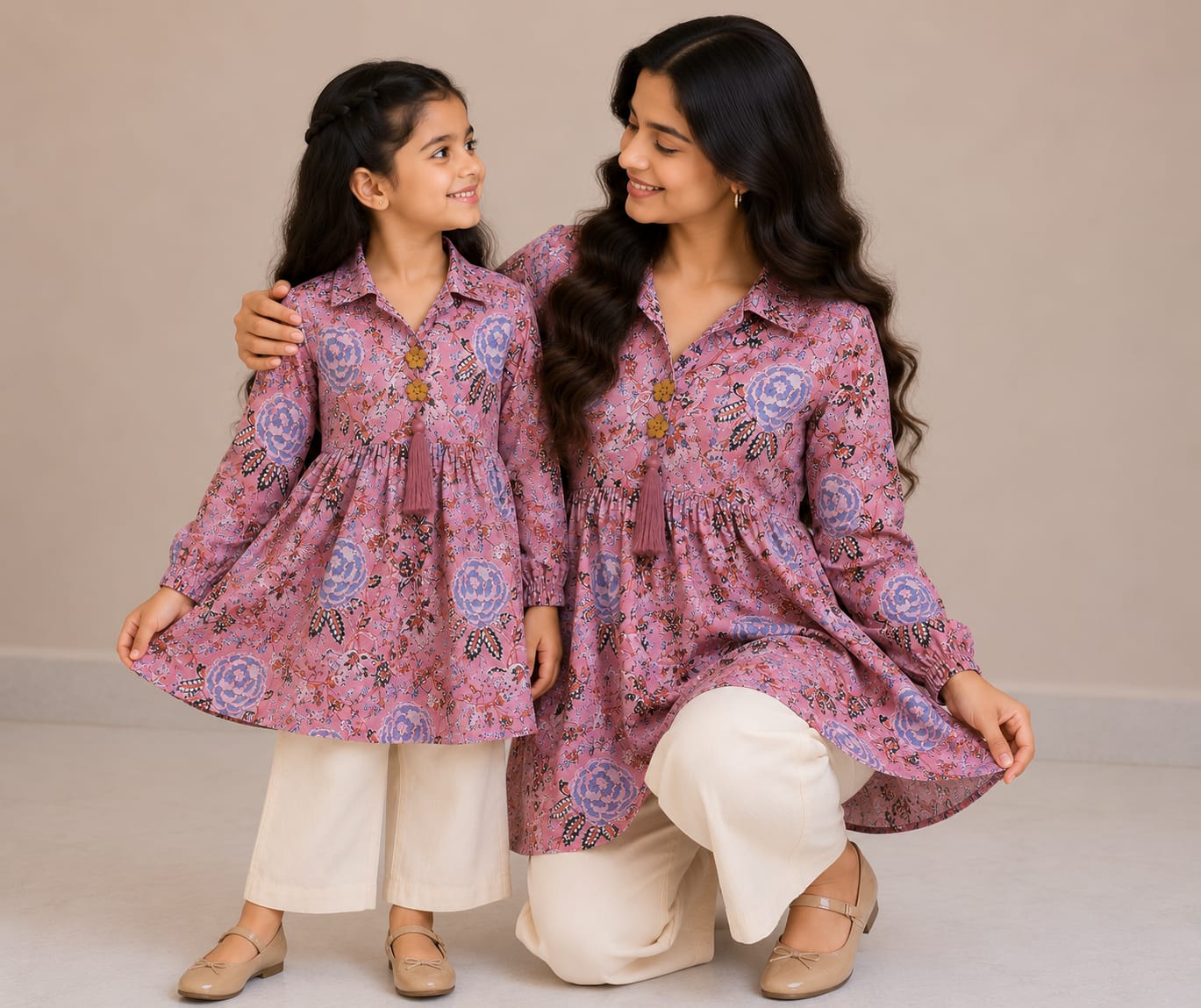 Mom & Daughter Dusty Pink Floral Printed Cotton Top & Ivory Trouser Matching Co-ord Set