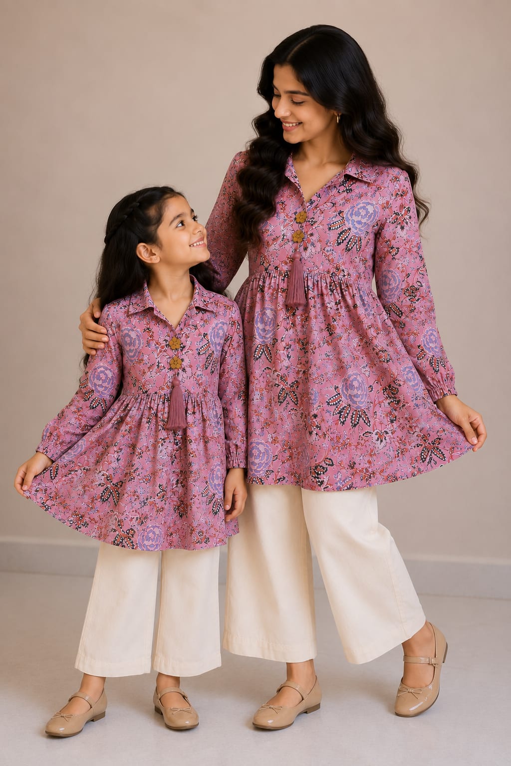Mom & Daughter Dusty Pink Floral Printed Cotton Top & Ivory Trouser Matching Co-ord Set