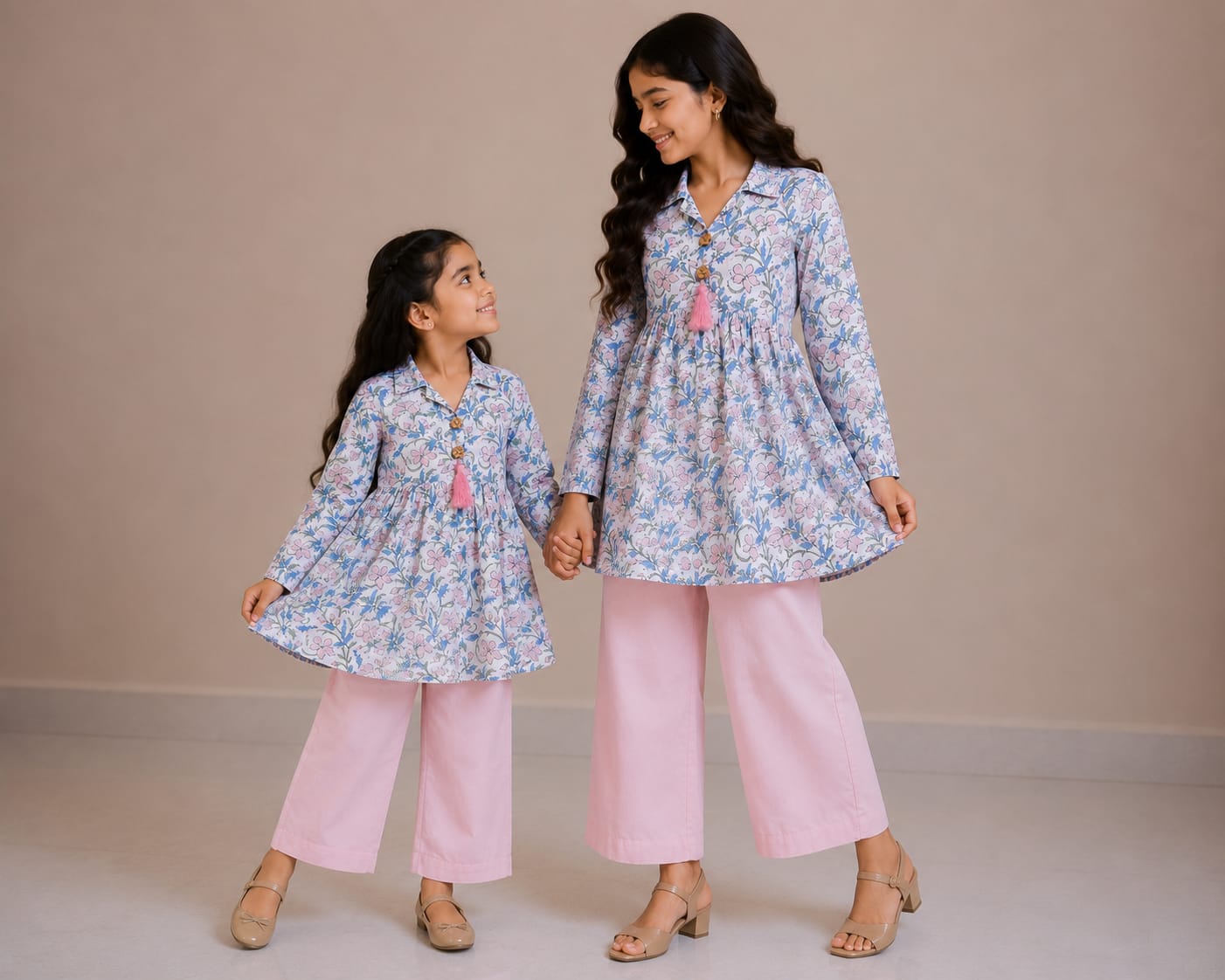 Mom & Daughter Pastel Pink & Sky Blue Floral Printed Cotton Top with Blush Pink Trouser Matching Co-ord Set