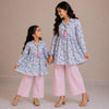 Mom & Daughter Pastel Pink & Sky Blue Floral Printed Cotton Top with Blush Pink Trouser Matching Co-ord Set