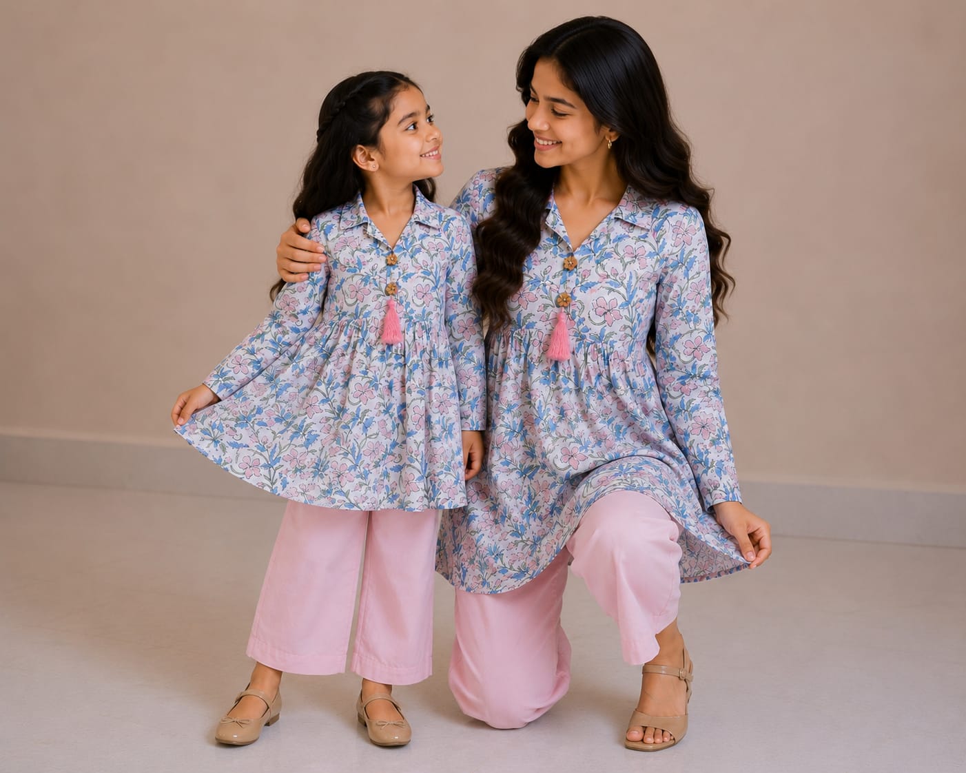 Mom & Daughter Pastel Pink & Sky Blue Floral Printed Cotton Top with Blush Pink Trouser Matching Co-ord Set