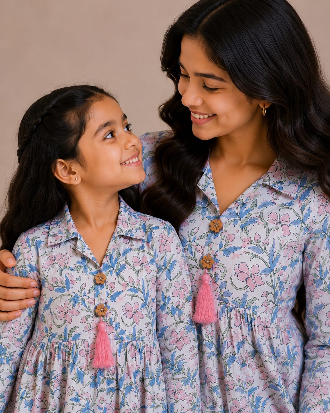 Mom & Daughter Pastel Pink & Sky Blue Floral Printed Cotton Top with Blush Pink Trouser Matching Co-ord Set