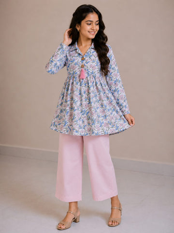 Women's Sky Blue Floral Printed Cotton Top & Blush Pink Cotton Trouser Co-ord Set