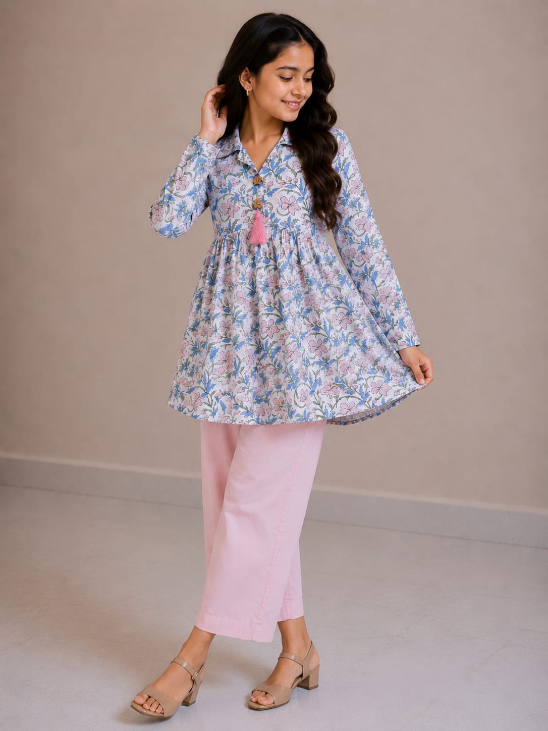 Women's Sky Blue Floral Printed Cotton Top & Blush Pink Cotton Trouser Co-ord Set
