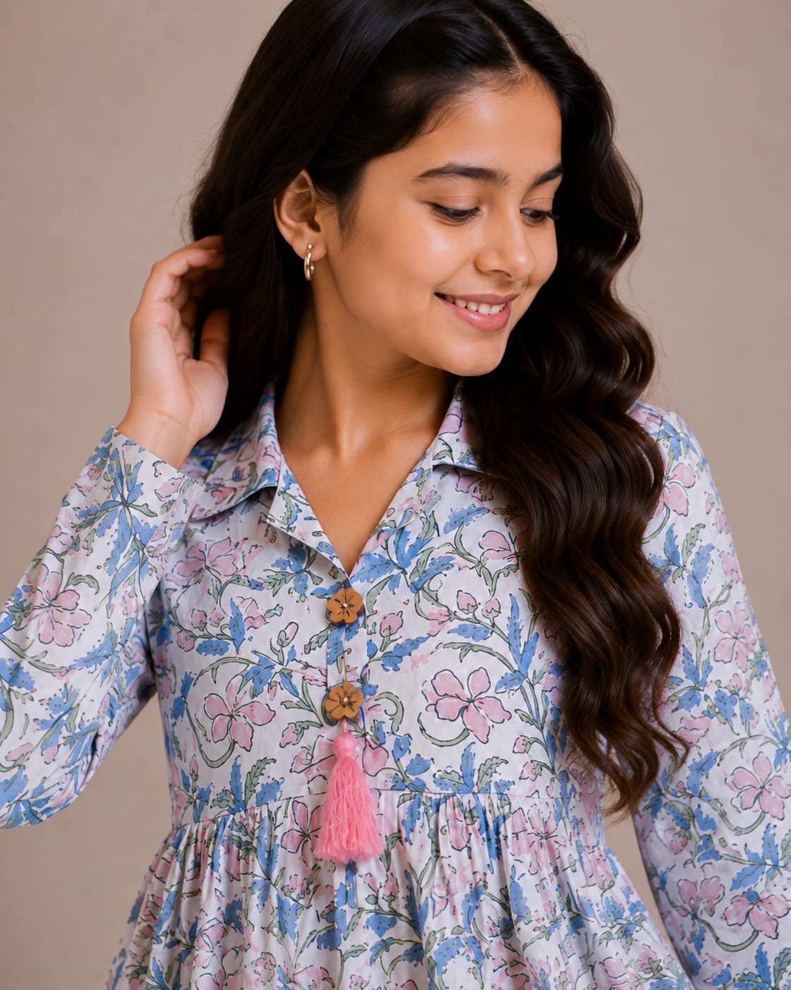 Women's Sky Blue Floral Printed Cotton Top & Blush Pink Cotton Trouser Co-ord Set