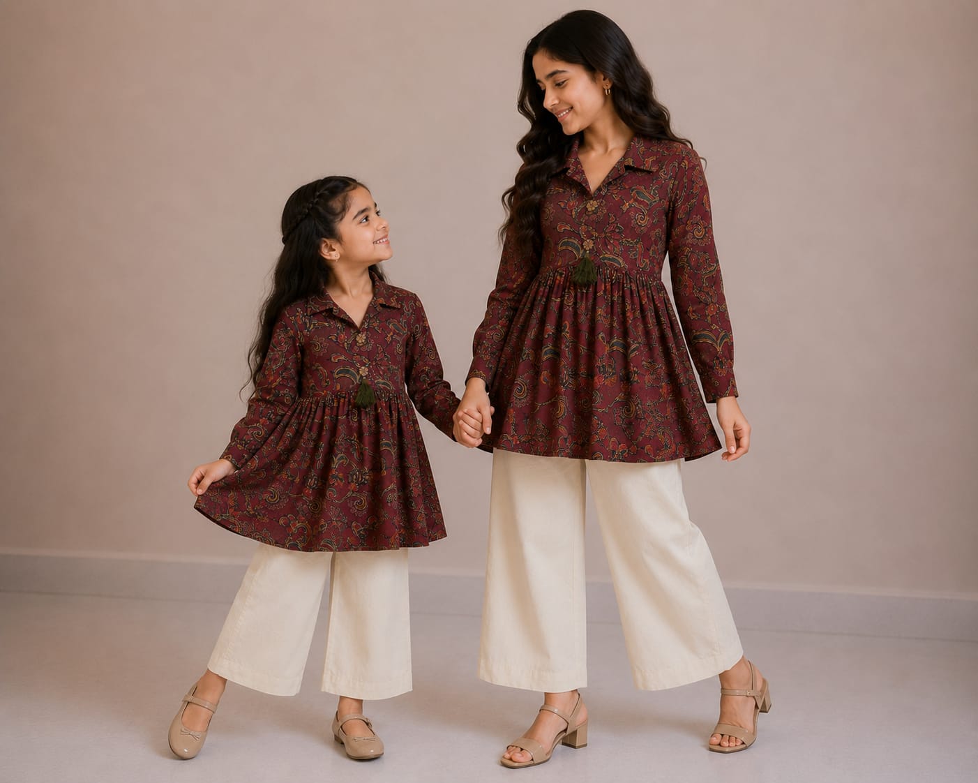 Mom & Daughter Maroon Paisley Printed Cotton Top with Off-White Trouser Matching Co-ord Set