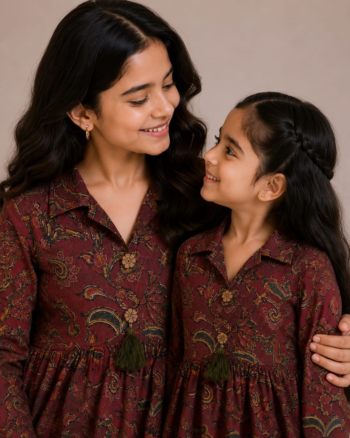 Mom & Daughter Maroon Paisley Printed Cotton Top with Off-White Trouser Matching Co-ord Set