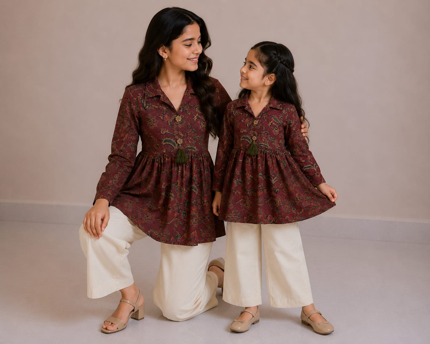 Mom & Daughter Maroon Paisley Printed Cotton Top with Off-White Trouser Matching Co-ord Set