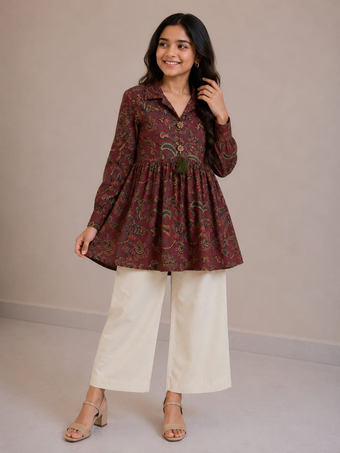 Women's Maroon Paisley Printed Cotton Top & Ivory Cotton Trouser Co-ord Set