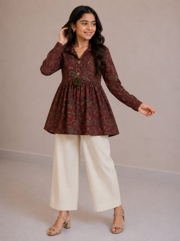 Women's Maroon Paisley Printed Cotton Top & Ivory Cotton Trouser Co-ord Set