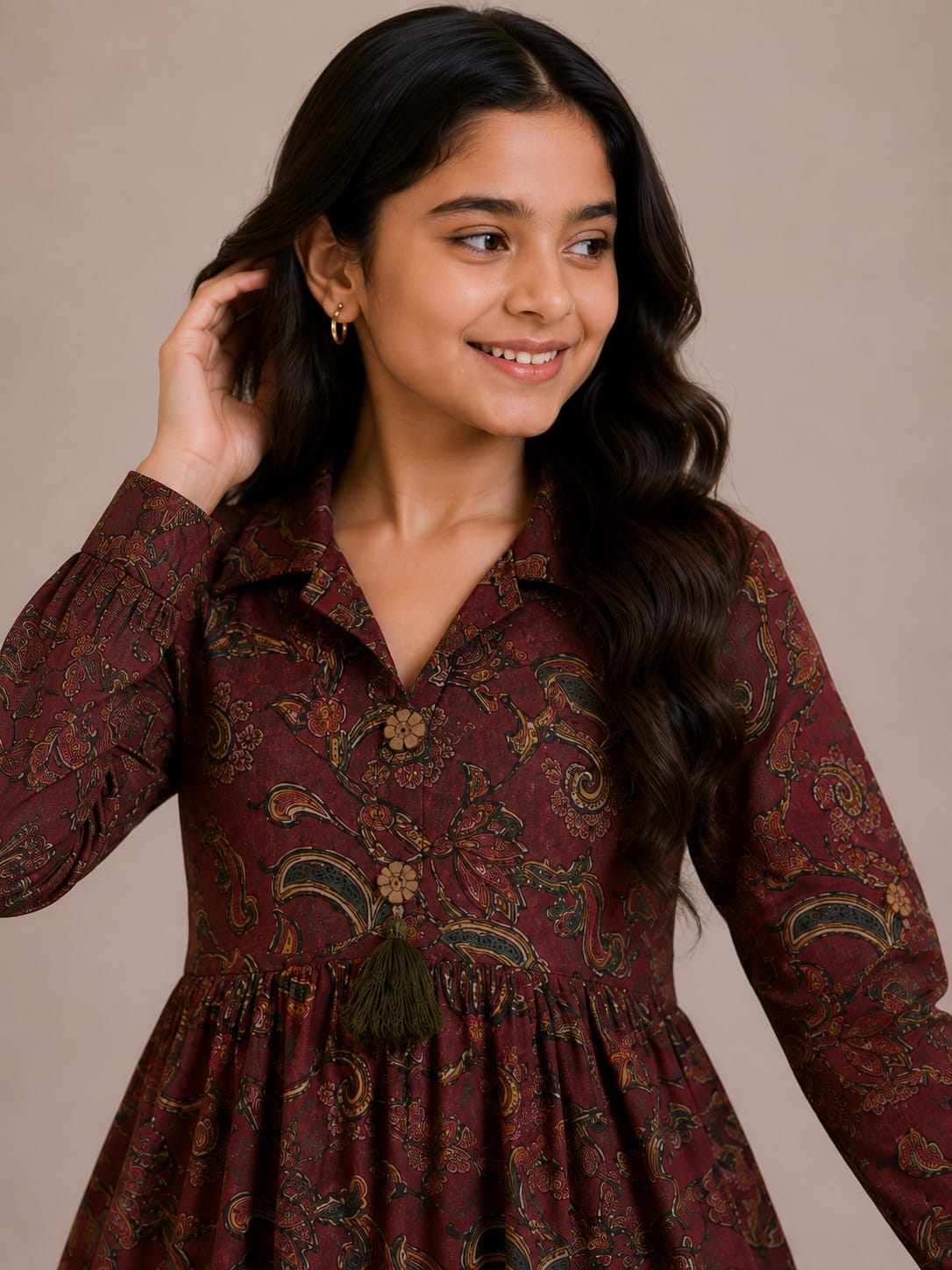 Women's Maroon Paisley Printed Cotton Top & Ivory Cotton Trouser Co-ord Set