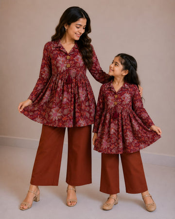 Mom & Daughter Wine Floral Printed Cotton Top with Rust Brown Trouser Matching Co-ord Set