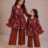Mom & Daughter Wine Floral Printed Cotton Top with Rust Brown Trouser Matching Co-ord Set