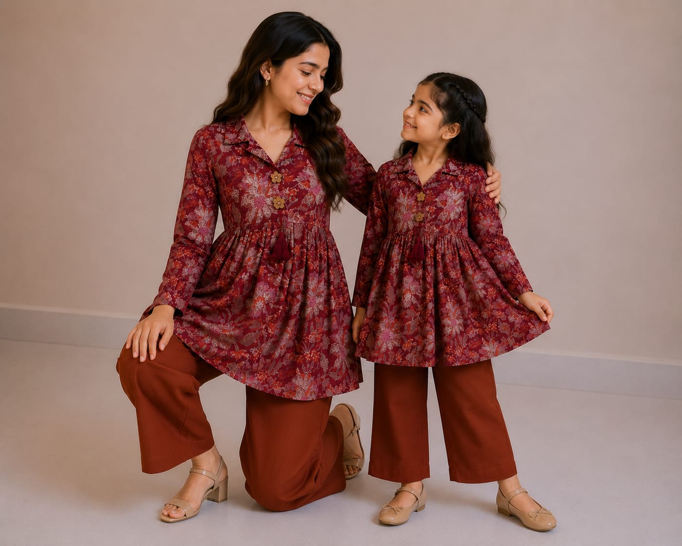 Mom & Daughter Wine Floral Printed Cotton Top with Rust Brown Trouser Matching Co-ord Set