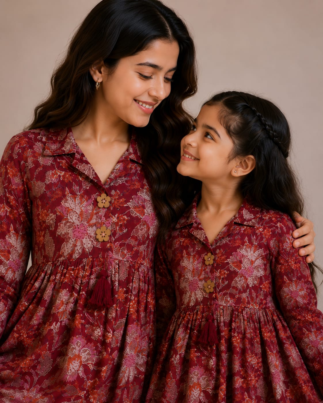 Mom & Daughter Wine Floral Printed Cotton Top with Rust Brown Trouser Matching Co-ord Set