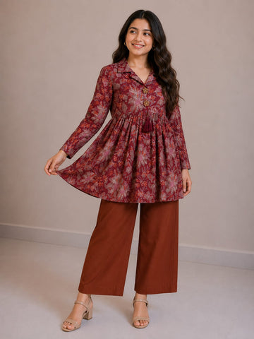 Women's Maroon Floral Printed Cotton Top & Rust Cotton Trouser Co-ord Set