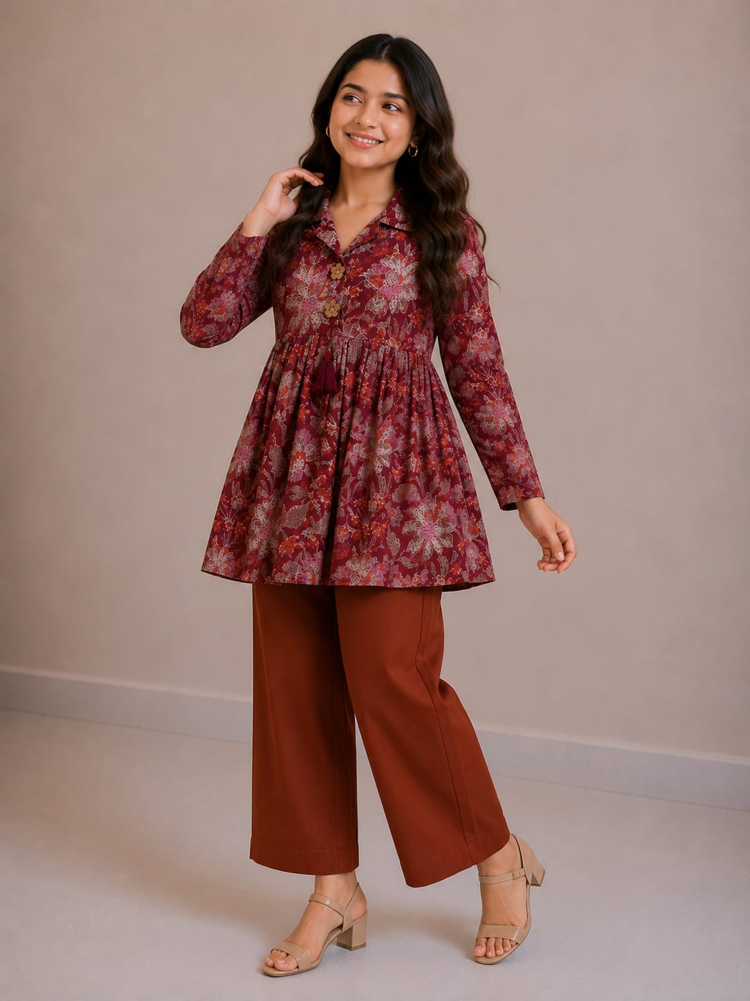 Women's Maroon Floral Printed Cotton Top & Rust Cotton Trouser Co-ord Set