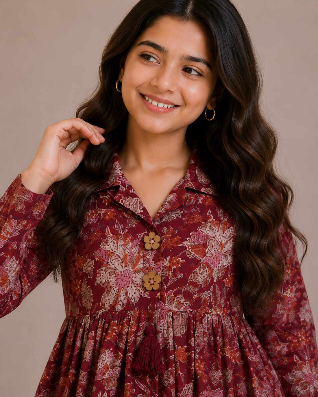 Women's Maroon Floral Printed Cotton Top & Rust Cotton Trouser Co-ord Set