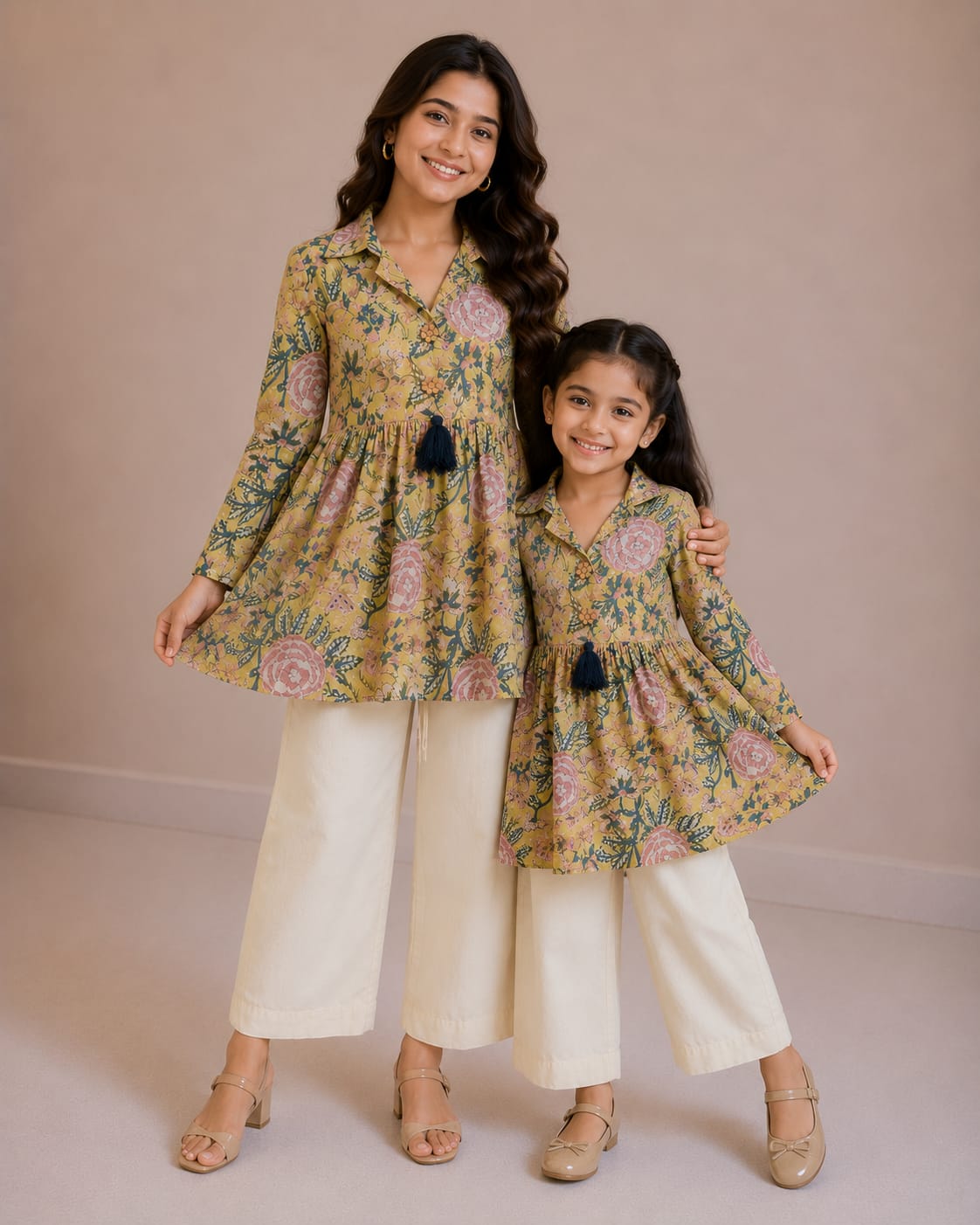 Mom & Daughter Mustard Floral Printed Cotton Top & Ivory Trouser Matching Co-ord Set