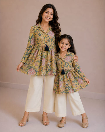 Mom & Daughter Mustard Floral Printed Cotton Top & Ivory Trouser Matching Co-ord Set