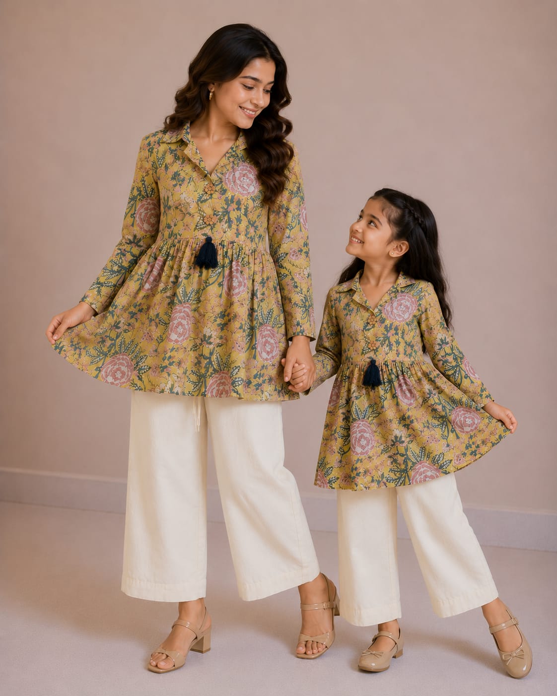 Mom & Daughter Mustard Floral Printed Cotton Top & Ivory Trouser Matching Co-ord Set