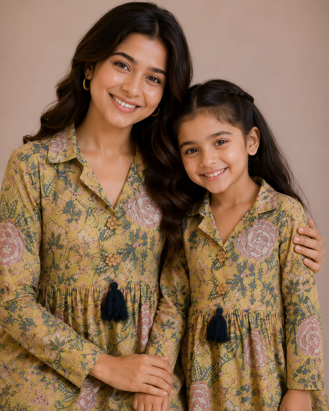 Mom & Daughter Mustard Floral Printed Cotton Top & Ivory Trouser Matching Co-ord Set