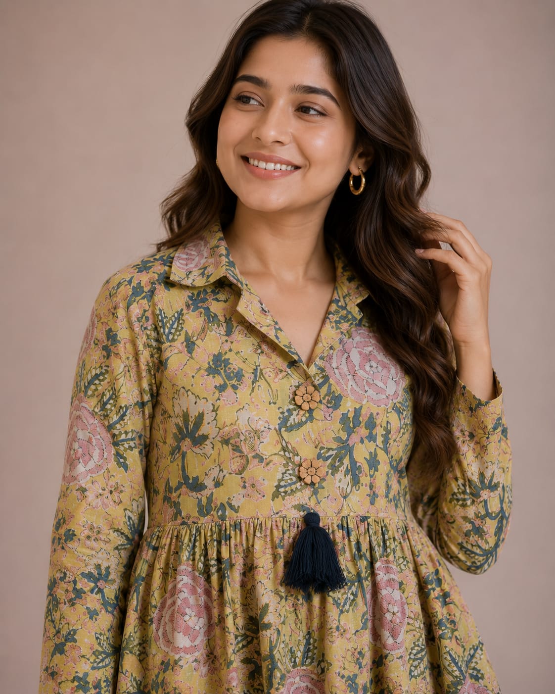 Women's Mustard Floral Printed Cotton Top & Solid Cream Cotton Trouser Co-ord Set