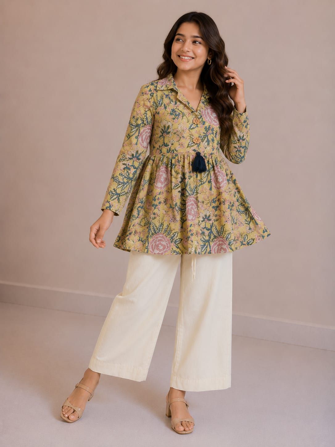 Women's Mustard Floral Printed Cotton Top & Solid Cream Cotton Trouser Co-ord Set