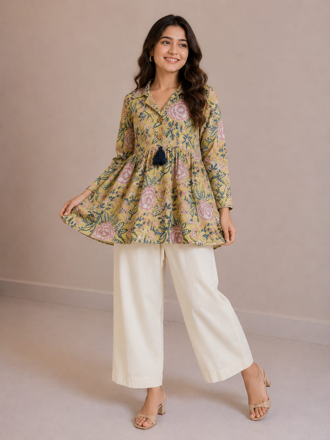 Women's Mustard Floral Printed Cotton Top & Solid Cream Cotton Trouser Co-ord Set