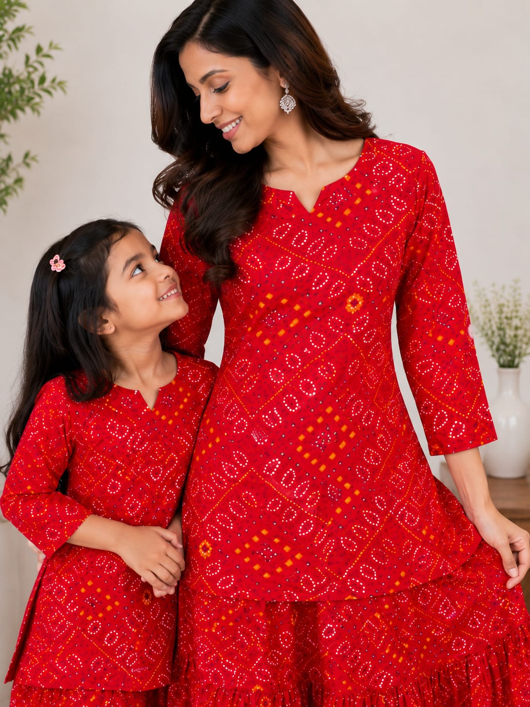 Mom & Me Red Bandhej Printed Cotton Kurta with Flared Skirt Set