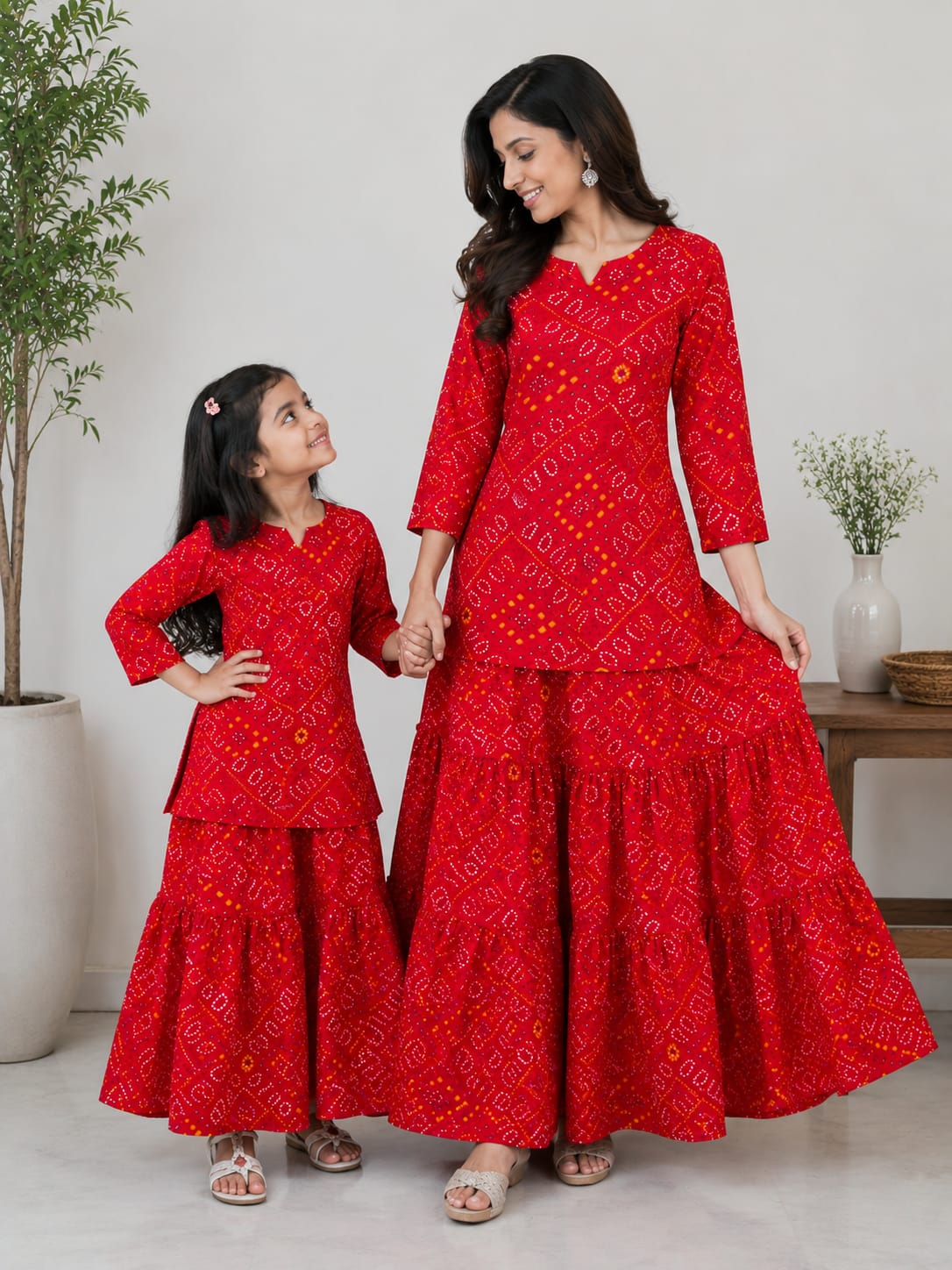Mom & Me Red Bandhej Printed Cotton Kurta with Flared Skirt Set