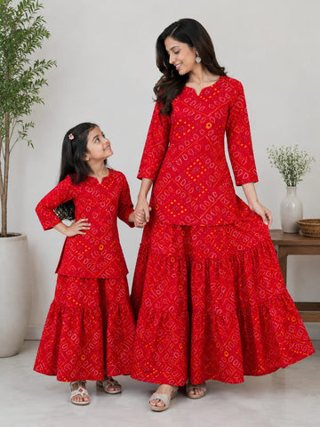 Mom & Me Red Bandhej Printed Cotton Kurta with Flared Skirt Set